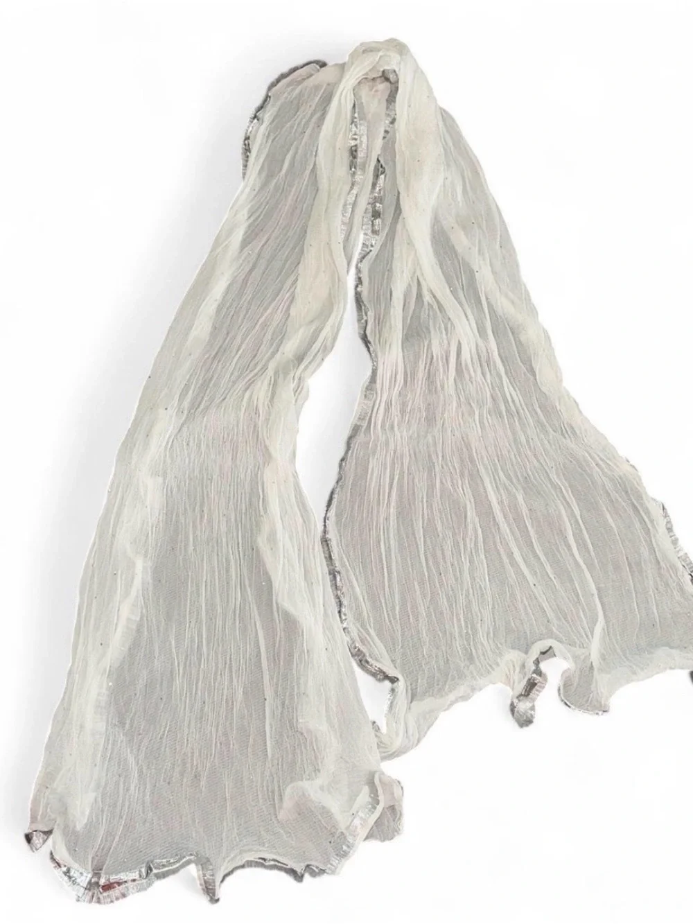 Elegant White Crinkle Scarf with Silver Trim